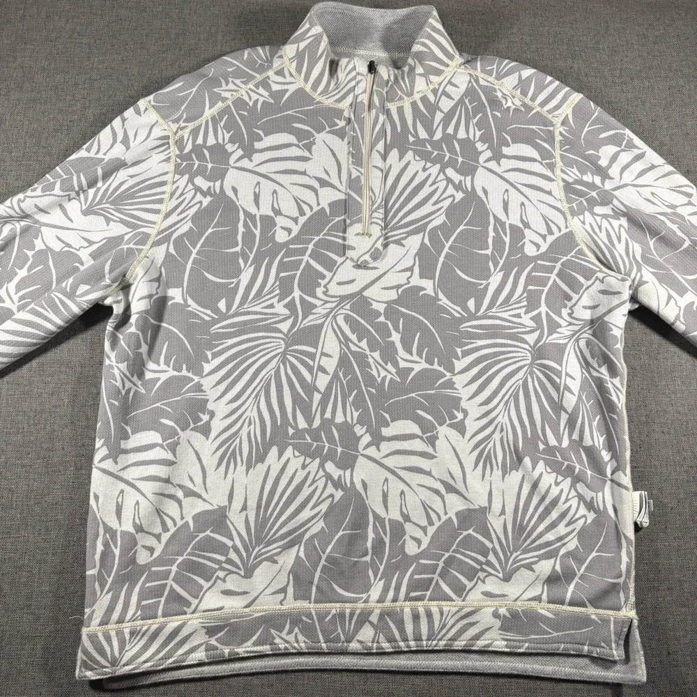 Tommy Bahama Reversible Quarter Zip Mens L Grey Tropical Monstera Leaf Pullover